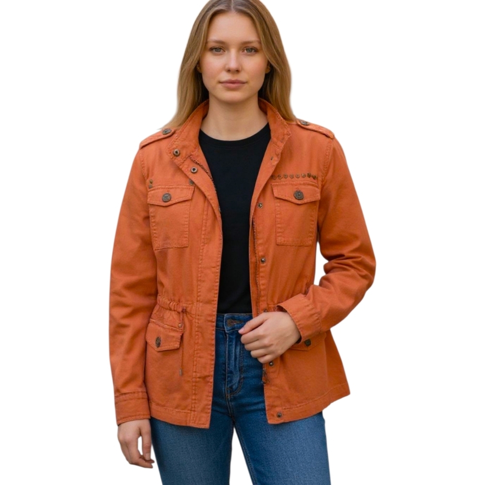 Dressbarn Utility Jacket S Chore Safari Military Stretch Rust Color Cinch Waist.